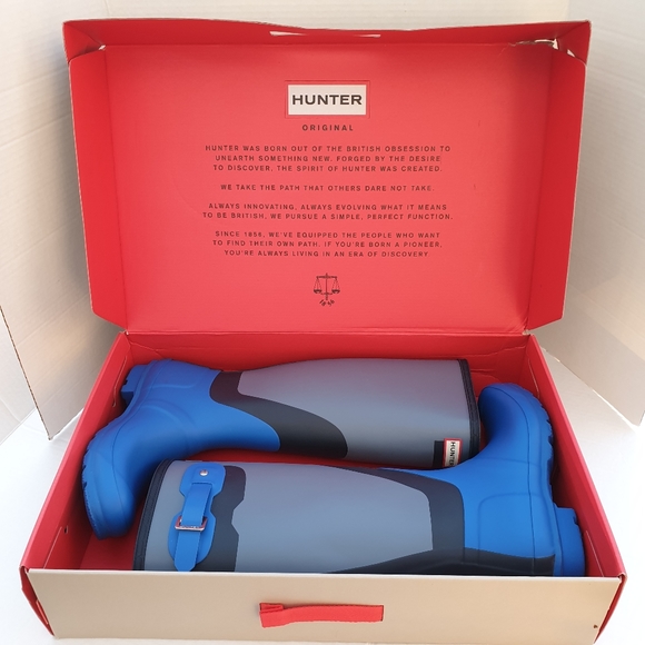 Hunter Wm's Original Tall Wellington Shadow Print Rainboots Grey, Bucket Blue  7 - Picture 2 of 16